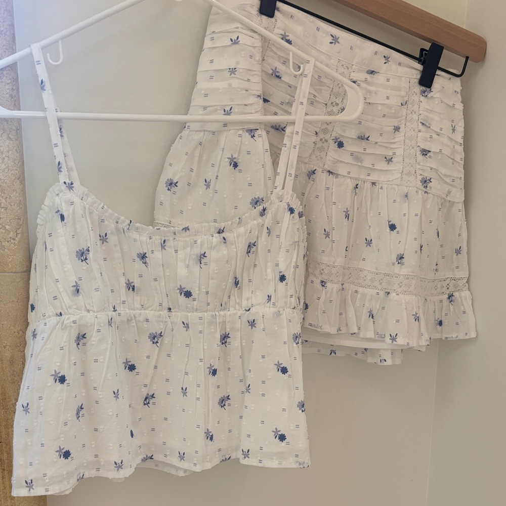 White Floral Eyelet Tank and Skirt Set - Blue Flower Print
